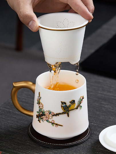 Taza de té boss de alta gama con tapa, boutique de regalos navideños, taza de oficina de jade con grasa de cordero filtrada, taza de té cloisonné de cerámica