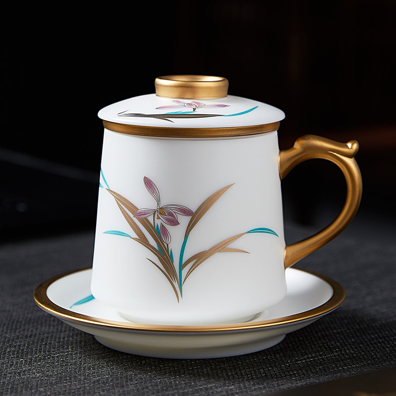 White jade porcelain office tea cup men's and women's high-grade ceramics with lid filter tea water separation cup private gift customization