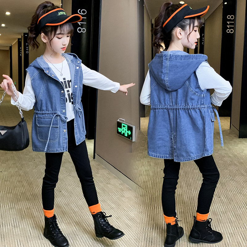 2022 new spring and autumn models in the big boy denim vest girls Korean version waist slim mid-length version hooded waistcoat trendy
