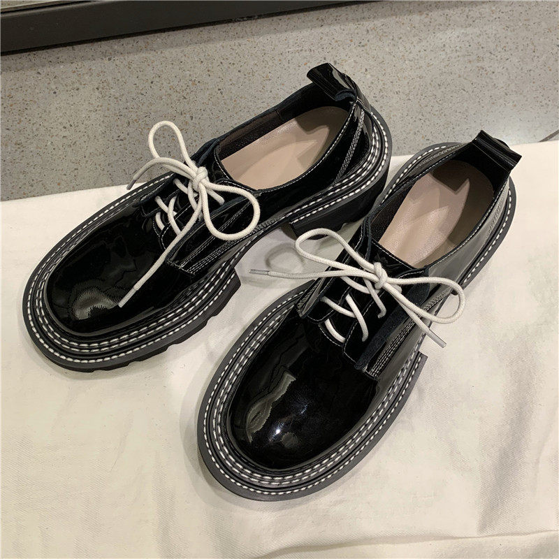 Liu Wen's thick-soled heightened casual British handsome small leather shoes women's black patent leather lace-up single shoes Derby shoes trendy