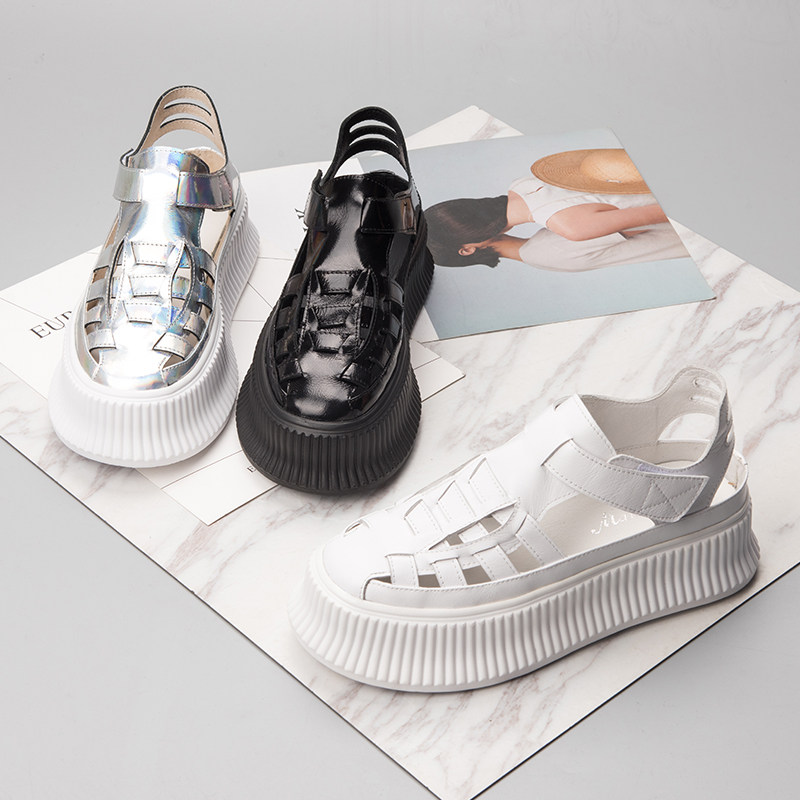 European station hollow white shoes 2022 spring and summer new leather thick-soled Roman sandals casual muffin sports women's shoes
