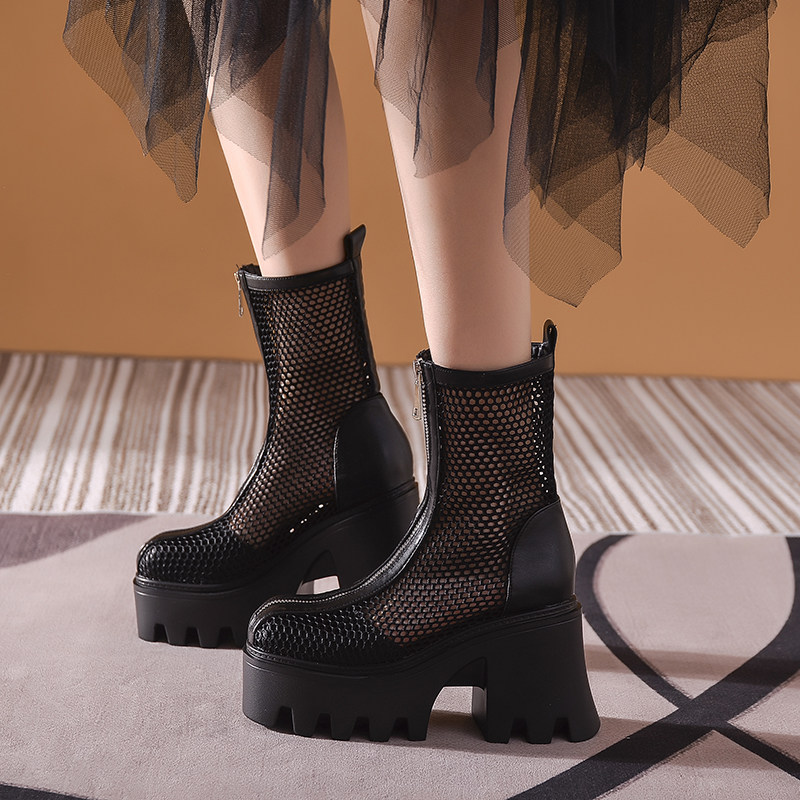 2022 Summer new thick bottom heightening Breathable Comfort Mesh Yarn Short Boots Mesh Boots Front Laced Genuine Leather 100 Hitch Pastry