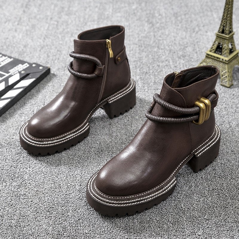 Tide brand ins super fire leather side zipper thick-soled Martin boots women's autumn round toe waterproof platform retro short boots