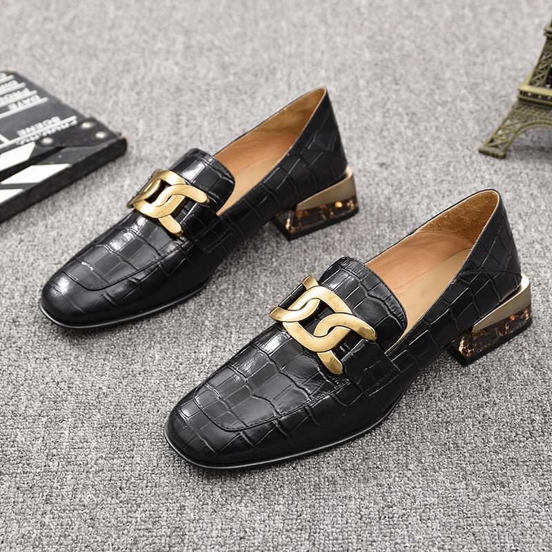 European station 2022 spring new women's shoes square head stone pattern shallow mouth low-top single shoes middle heel British loafer women - Taobao