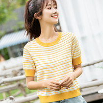 Striped Knit Short Sleeve T-shirt Women 2021 New Korean Summer Thin Short Sweet Girls Clothes ins