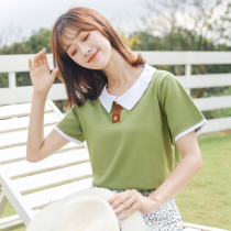Short sleeve 2021 new female summer ins lapel polo shirt T-shirt loose color color student knitted upper clothes body shirt