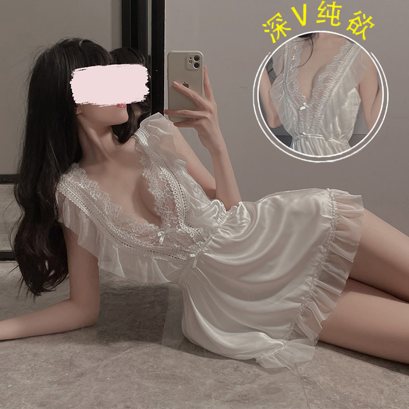 Sexy pajamas women's summer v-neck suspender skirt suit hot 2022 new lace pure desire backless nightdress