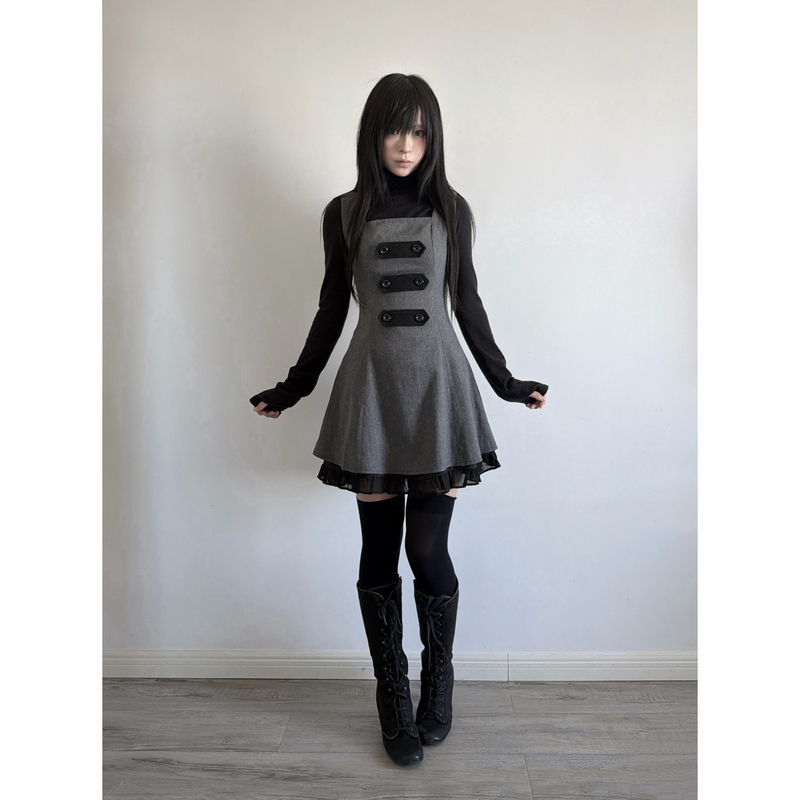 Lace Gray | Herringbone Wool Vest Dress, Original Mid-Length Sleeveless Woolen Dress with Tie Waist, Vintage Style. Lace Gray | Herringbone Wool Vest Dress, Original Mid-Length Sleeveless Woolen Dress with Tie Waist, Vintage Style.