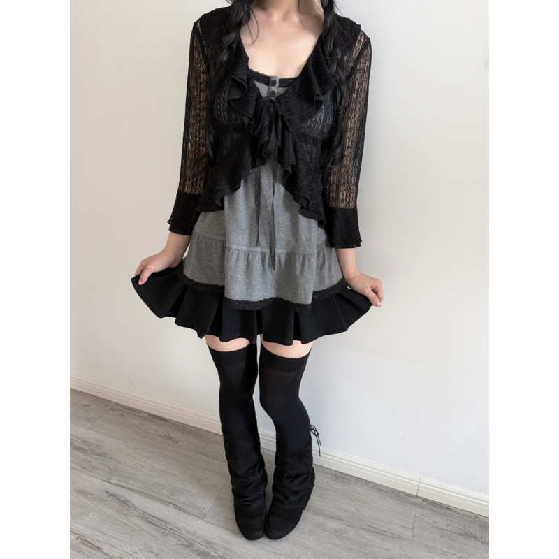 Lace Gray |   Ruffled Lace Lace-Up Cardigan with Black Three-Quarter Sleeves and Layered Dark Coqutte