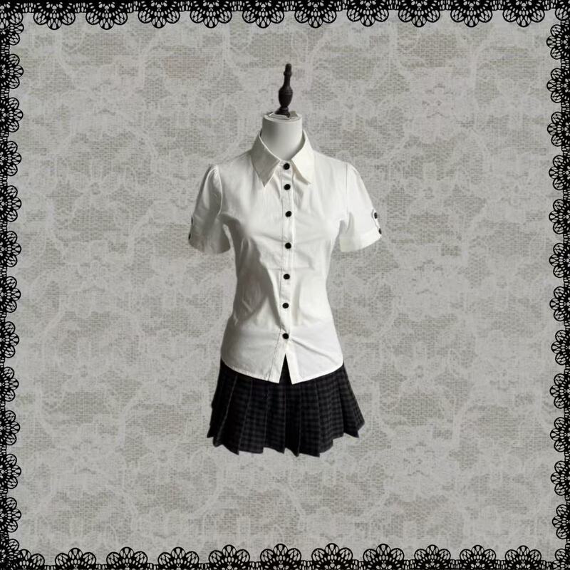 Lace Gray | Basic White Shirt, Versatile, Waist-Cinching, Black Button-Down, Cuffed Sleeves, Summer Short-Sleeved Shirt, Breathable Lace Gray | Basic White Shirt, Versatile, Waist-Cinching, Black Button-Down, Cuffed Sleeves, Summer Short-Sleeved Shirt, Breathable