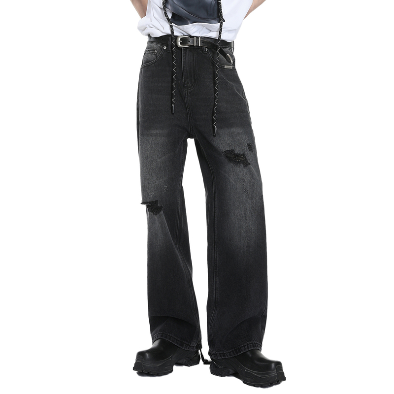 Voguo Relay B02 Pants Korean Style Ripped Loose Straight Wide-Leg Pants Black and Gray Jeans for Men and Women
