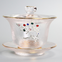 Glass cover bowl thickened heat resistant and high temperature resistant with cover hammer vein 180ml large number three-only tea cup single tea tea bowl