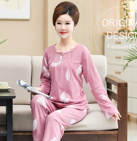 Middle-aged mother's pajamas loose women's summer spring and autumn long-sleeved cardigan middle-aged and elderly women mother-in-law cotton home service suit