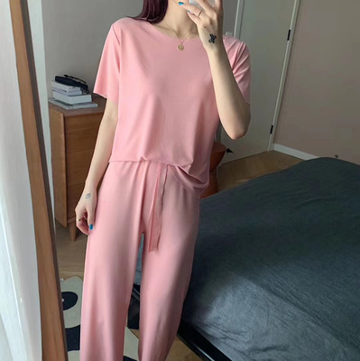 2021夏季新款女休闲冰丝短袖纯色宽松时尚阔腿裤女小港姐软软套装