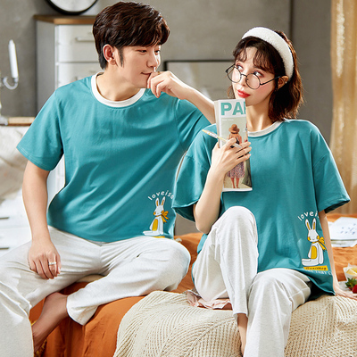 情侣睡衣女夏季薄款纯棉男士两件套短袖长裤夏大码休闲运动家居服
