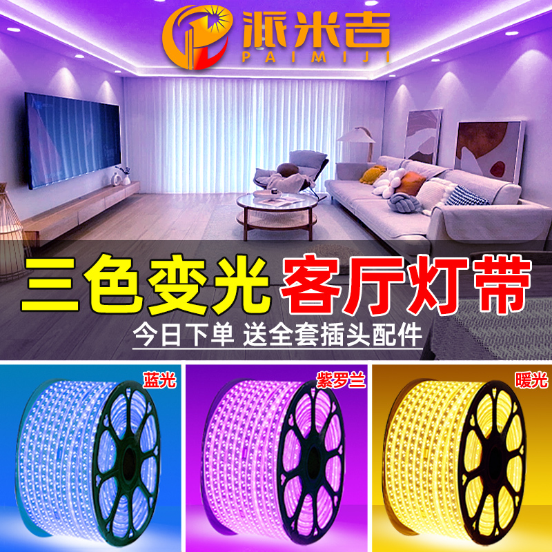 Led Living Room Three-Color Dimming Light Strip Indoor Ceiling Atmosphere Super Bright 220V Outdoor Waterproof Flexible Light Strip