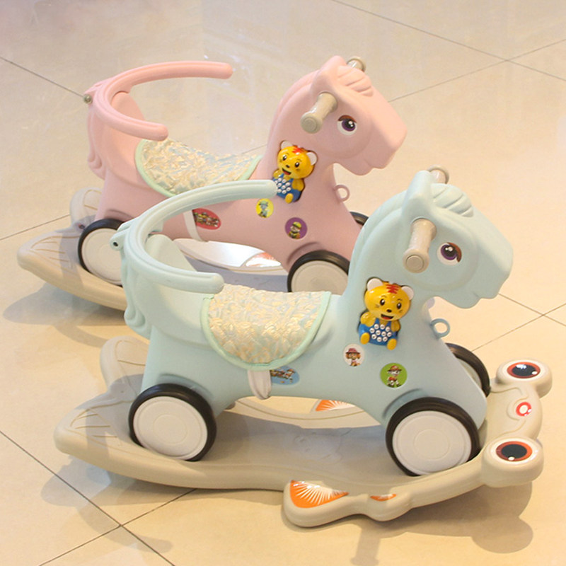 Children rocking horse Baby rocking horse dual-use with music plastic thickened trojan toy 1-2 birthday gift 3