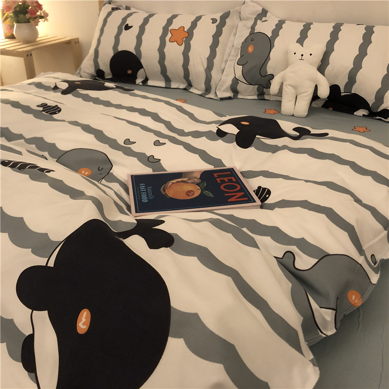 ins small fresh cartoon cute little dolphin four-piece set simple Nordic striped bedding quilt cover three 4-piece set