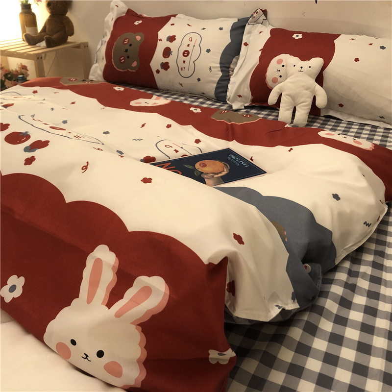 Ins wind cute girl heart cartoon four-piece set washed cotton mulch on 1 5 three-piece set student dormitory single quilt cover