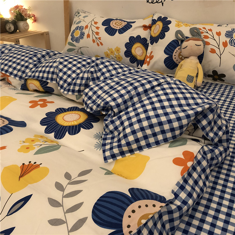 Winter thickened Warm Mill Wool Plant Cashmere Flowers Four Sets Blue Plaid 1 8 m Double beds Single quilt cover