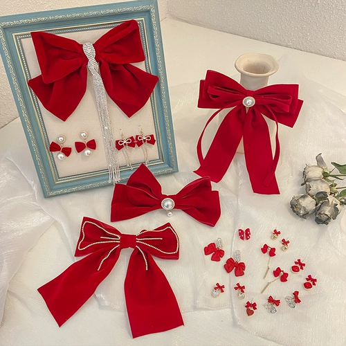 Ретро красный бархатный аксессуар для волос с бантиком, заколка для волос, вечернее платье для невесты, изысканный стиль