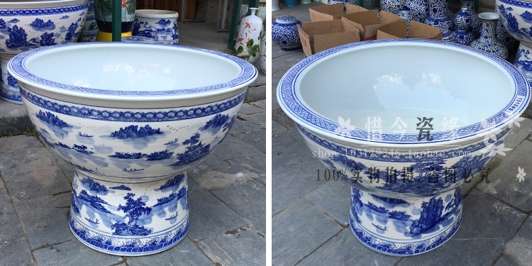 Heavy aquarium fish basin ground blue jingdezhen ceramic cylinder vertical is suing large lotus garden water lily