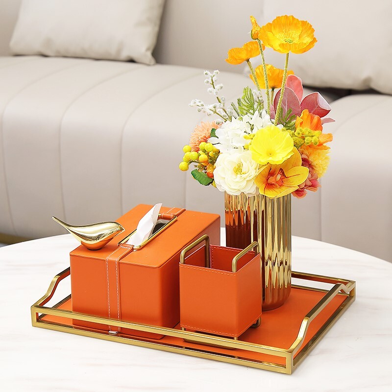 Simple light luxury orange remote control of leather tissue box tea several household paper drawing flower tray set 1113m