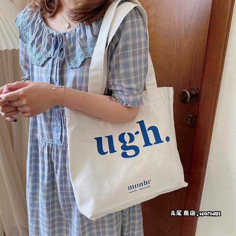 Wind blue letters simple large-capacity one-shoulder student canvas bag cloth bag simple and versatile Korean ins schoolbag