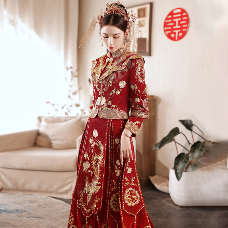 Show and dress bride 2023 new wedding dress Chinese style gown winter toast with big code show and small child-Taobao