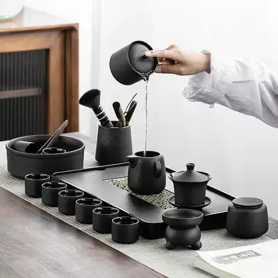Complete set of light luxury kung fu tea set home living room simple office meeting Japanese black pottery teapot set
