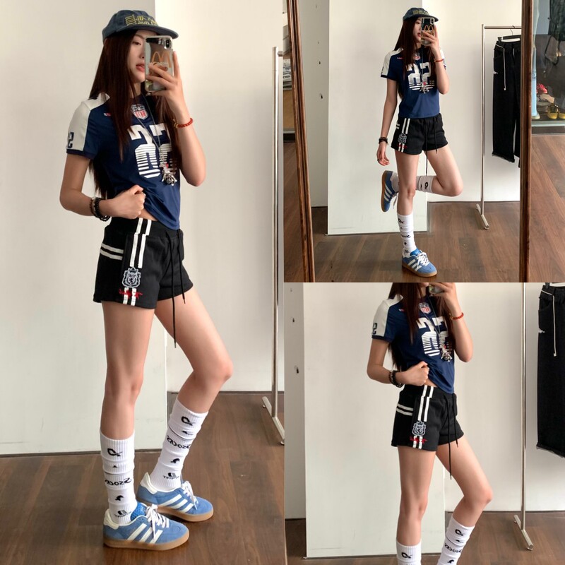 American Retro Black Sports Shorts for Women, Summer Elastic Waist Trendy Drawstring Straight Casual Three-Quarter Striped Hot Pants