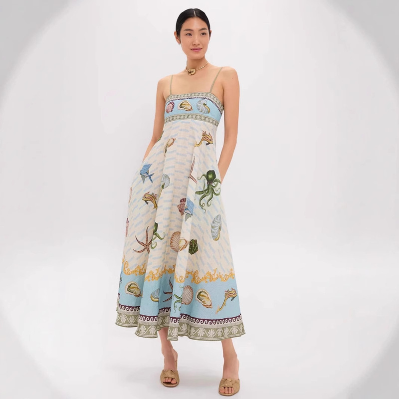 2025 Aliexpress Cross-Border Amazon Women's Clothing New Style Elegant High-Waisted Cotton and Linen Printed Strap Casual Fashion Dress