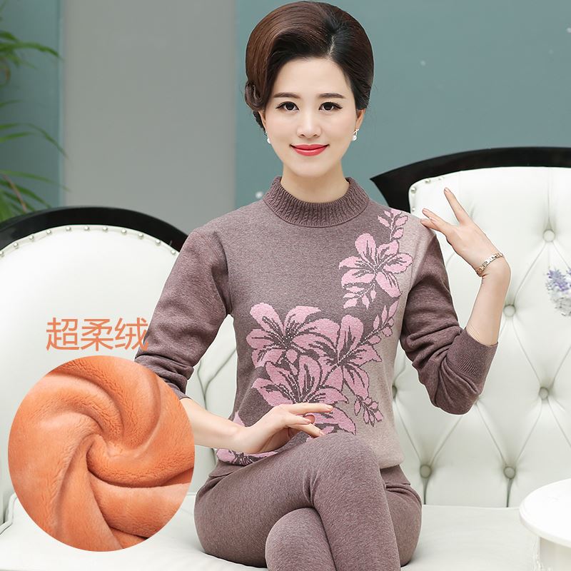 Ấm đồ lót bộ phụ nữ 100cotton mùa xuân và mùa thu quần dày trung niên mẹ bông áo len.