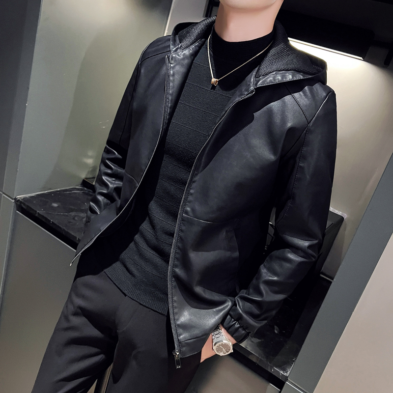 Spring and Autumn Leather Jacket Men's Coat Trendy Cool Hooded Leather Jacket Retro Biker Style Pu Leather Short Jacket