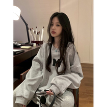 Alphabet embroidered grey long sleeve sweatshirt womens clothing fall 2023 New round collar loose casual display of thin blouses