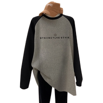Pregnant woman raglan contrasting color brushed long-sleeved T-shirt mid-length loose top hip-length thickened bottoming shirt autumn and winter