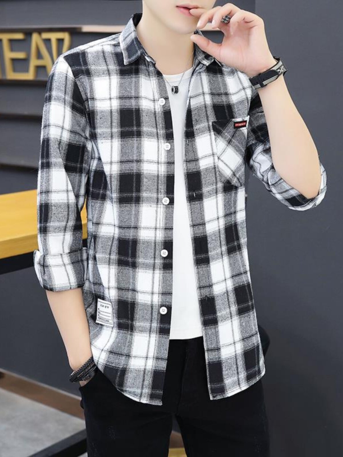 Spring and Autumn Plaid Shirts for Men, Autumn Youth Tops, Thin Jackets, Men's Korean Style Trendy Long-Sleeved Shirts