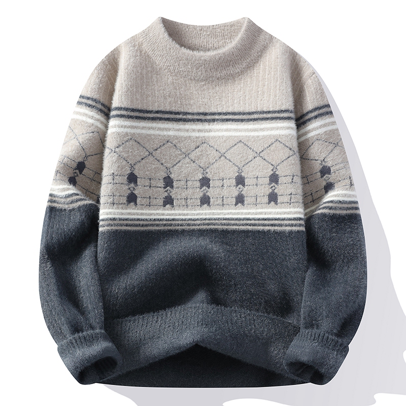 Autumn and Winter Imitation Mink Velvet Sweater for Men, Thickened and Warm, Half-High Collar Warm Knitted Base Shirt for Teenagers and High School Students
