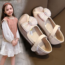 Baby square mouth leather shoes Girls spring and Autumn students rhinestone princess shoes Small medium and large childrens foreign style single shoes Soft-soled Doudou shoes