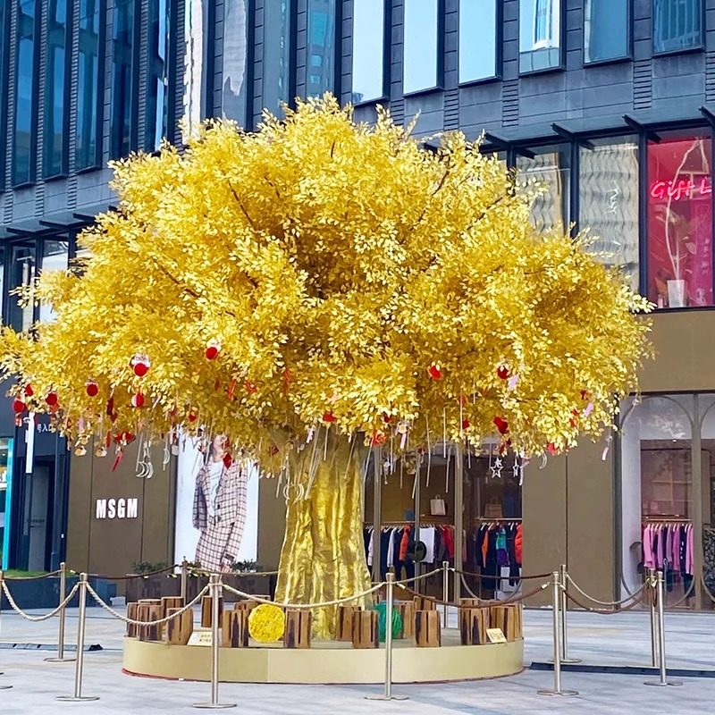 Large Fiberglass Artificial Tree, Golden Banyan Tree, New Year's Money Tree, Indoor and Outdoor Decoration for Shopping Malls and Hotel Lobbies, Wishing Tree Large Fiberglass Artificial Tree, Golden Banyan Tree, New Year's Money Tree, Indoor and Outdoor Decoration for Shopping Malls and Hotel Lobbies, Wishing Tree