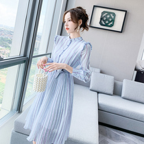  Spring 2021 new womens small age-reducing dress pleated spring long skirt thin long sleeves early spring