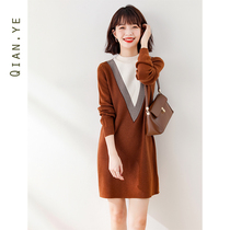  Knitted dress winter 2020 new womens bottoming inside straight autumn and winter long sweater skirt winter womens clothing