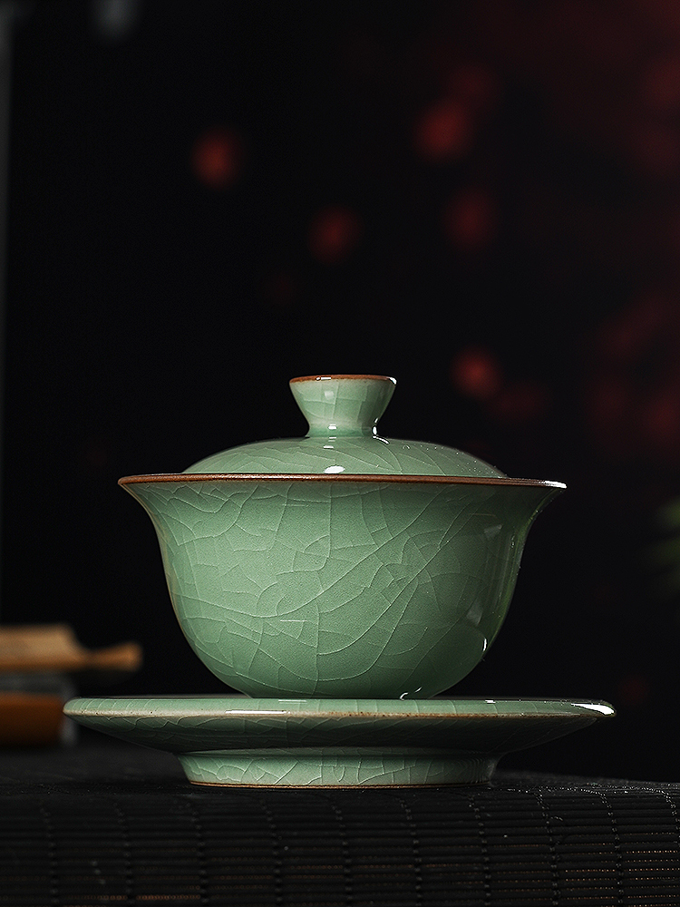 Handmade three-cai cover bowl Tea cup Single non-hot ceramic Longquan Gongfu tea with ice crack tea cup Celadon