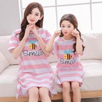 Mother and daughter nightdress spring and summer pure cotton short-sleeved childrens nightgown girl parent-child dress mother and daughter dress girl home wear