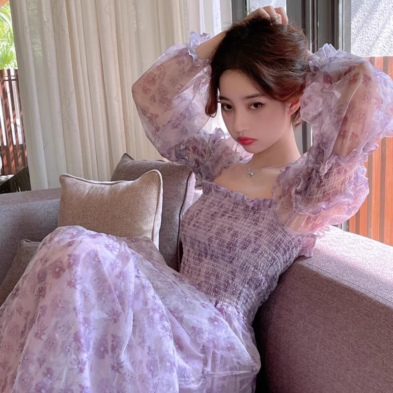 French Gentle Style Floral Dress for Women 2026 Spring and Summer New Long-Sleeved Waist-Slimming Chiffon Purple Mini Dress