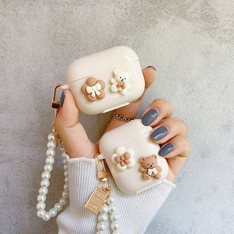 Cute little bear talk pearl chain applicable AirPods1 2 generation protection shell Apple Pro3 generation headphone sleeve silicone milk white anti-fall AirPodsPro softshell female 23