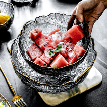 Japanese gold-edged glass bowl salad bowl single fruit plate fishing transparent net Red large household heat-resistant dessert Nordic