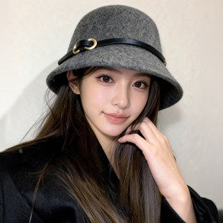 French-Style High-End Wool Hat for Women, Autumn and Winter Vintage Elegant Round-Top Bucket Hat, Hepburn-Style International Socialite Hat