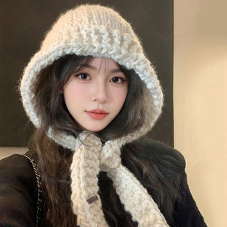 Balaclava Hat for Women, Winter Thickened Coarse-Knit Wool Hat, Makes the Face Look Smaller, Ear Protection, Warm and Cold-Proof Lei Feng Hat