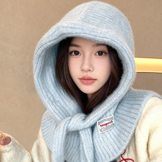 Balaclava Hat Scarf Combo for Women, Autumn and Winter Warm Lei Feng Hat with Ear Protection, Hooded Knitted Neck Warmer, Woolen Hat